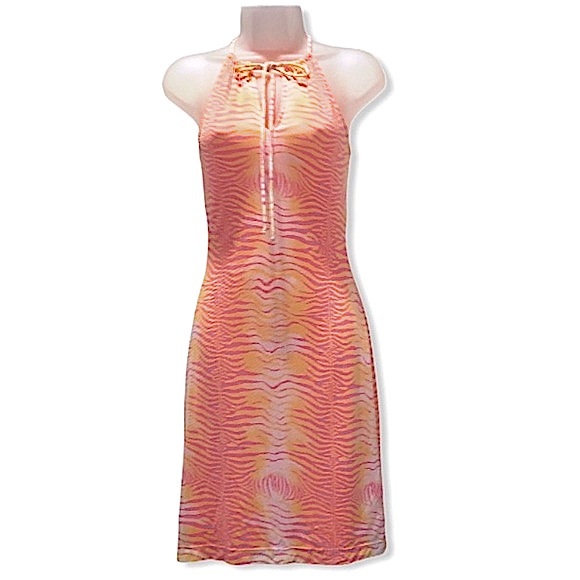 Y2K GUESS Animal Print Split Neck Mini Dress Sunset Orange Pink S Cocktail Party - Picture 5 of 16